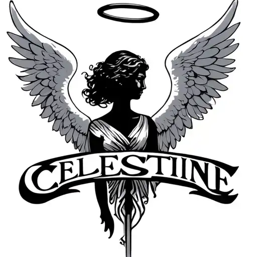 the name celestine with angel wings on the side and a halo above the name tattoo design idea