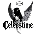 the name celestine with angel wings on the side and a halo above the name tattoo design idea