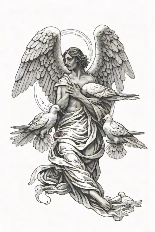 Sad angel with drooping wings being lifted up to heaven by two doves holding him by the shoulders tattoo design idea