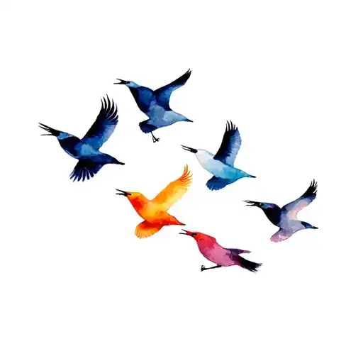 4 birds flying in a line, in the order canary, swan, canary, nightingale, small in simple,  tattoo design idea