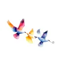 4 birds flying in a line, in the order canary, swan, canary, nightingale, small in simple,  tattoo design idea
