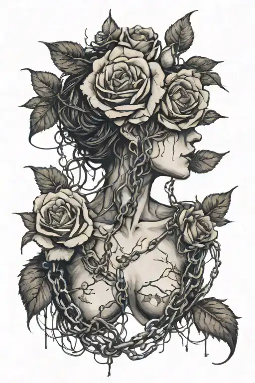 Silhouette of a girl with short hair, bare chest, roots growing out of chains, roses, decaying flesh tattoo design idea
