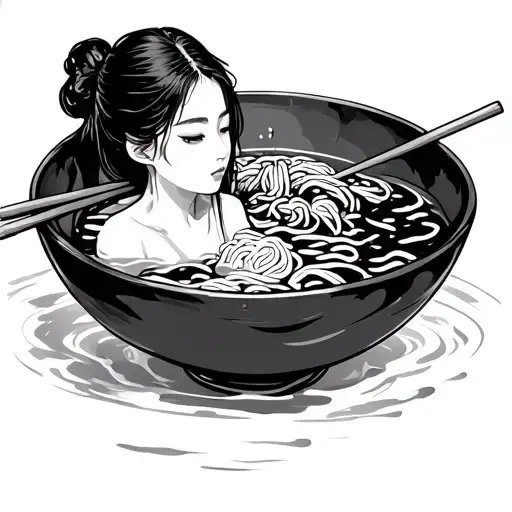 mininalistic Ramen Noodle soup with  chopsticks and a girl bathing in the bowl tattoo design idea