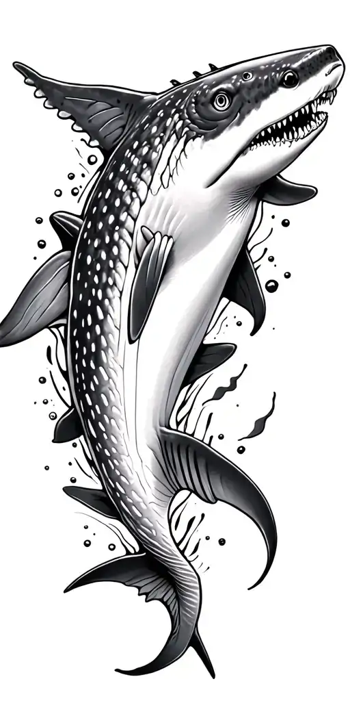 patch work style tattoo of different sea animals black and white realism design use a whale shark, hamme tattoo design idea