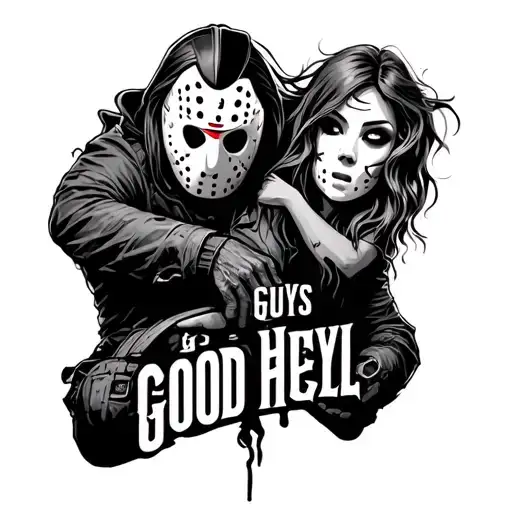 "good guys go to hell" jason voorhees is holding women's cut head tattoo holding tattoo design idea