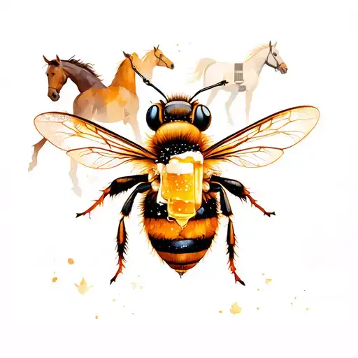 large bee drinking a beer, horses in the background racing and a guitar in background tattoo design idea