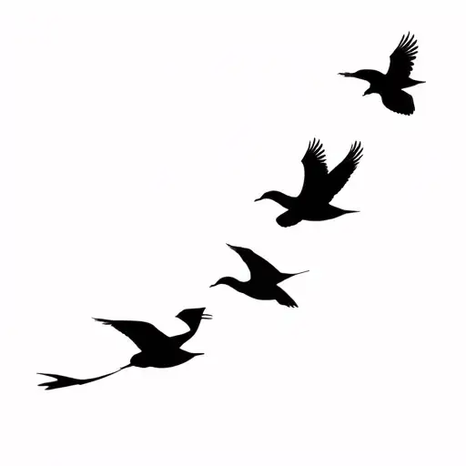 4 birds flying in a line, in the order canary, nightingale , canary, swan, small and simple,  tattoo design idea