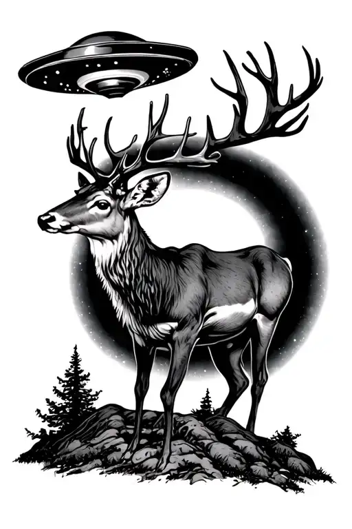 mule deer abducted by ufo beaming tattoo design idea