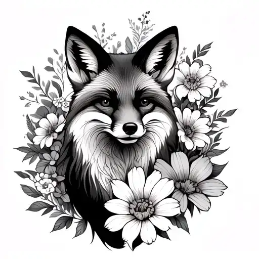 fox and cosmos flowers tattoo design idea