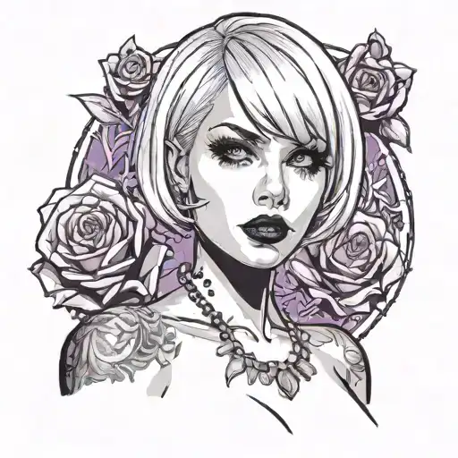 Sexy Petite Girl white short bob hairstyle, revealing clothes, big boobs, purple eyes, wide hips Slutty. gothic pin-up  tattoo design idea