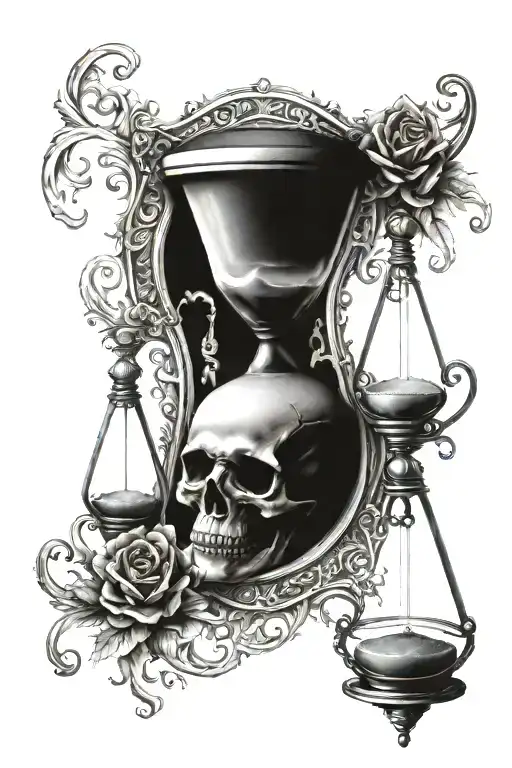 make a realistic black tattoo with an hourglass. Put a skull inside bottom of the hourglass. put a samsara wheel on top  tattoo design idea