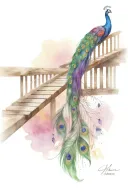 wooden bridge with peacock feather intertwined tattoo design idea