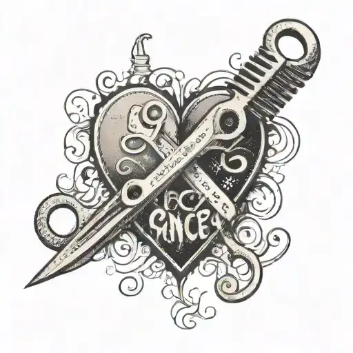 Scissors and a comb forming a heart shape with the words 'Fuck Cancer' intertwined tattoo design idea