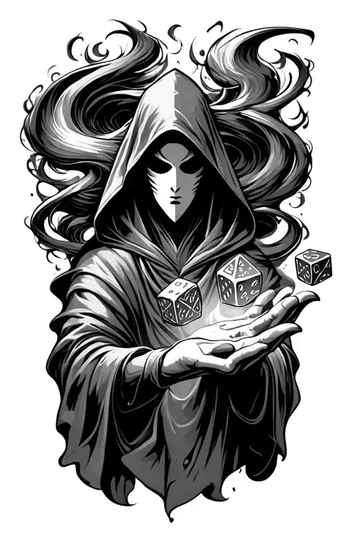 hooded elemental with no face under swirling vortex rolling dice of fate with hand tattoo design idea