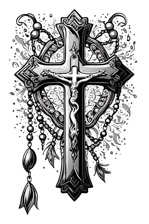 cross with rosary beads tattoo design idea