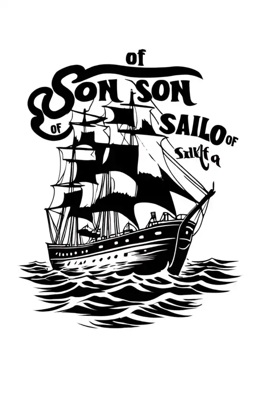 A tattoo design of a ship with the words "son of a son of a sailor" underneath. The tattoo should be Jimmy Buffett vibes tattoo design idea