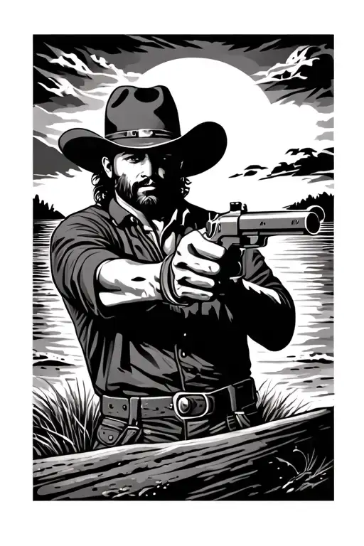 outlaw cowboy shooting gun on beach sunset scene tattoo design idea