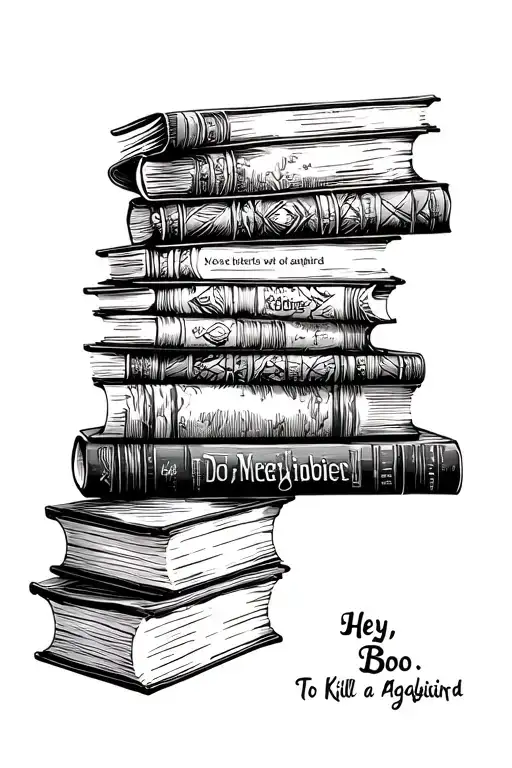A stack of five  books  inspired by 'To Kill a Mockingbird' include the words Hey Boo, delete the adjectives tattoo design idea