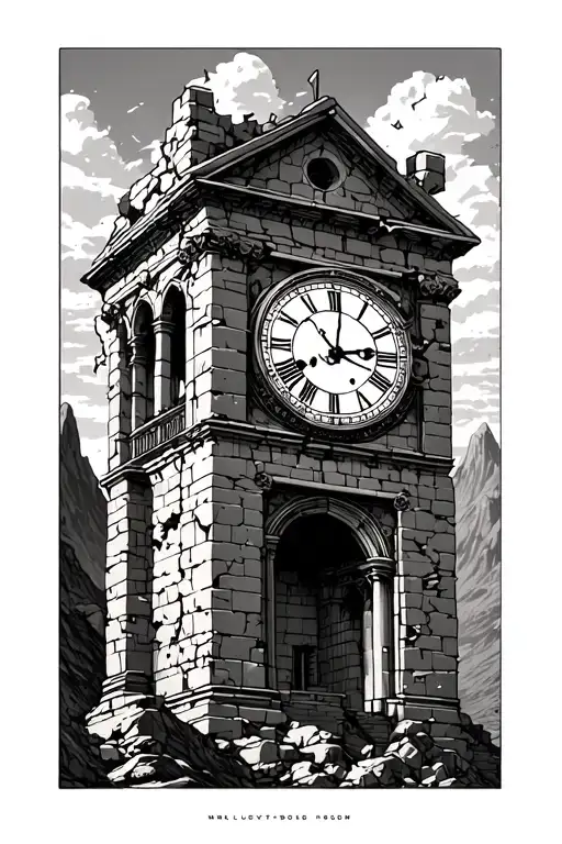 tall ancient Roman clock tower crumbling with intricate mountain background tattoo design idea