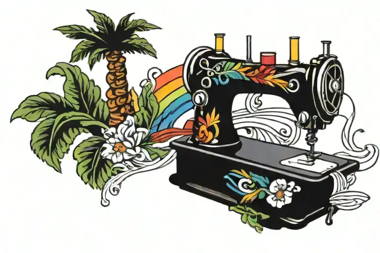 sewing machine palm tree wave rainbow tattoo design idea