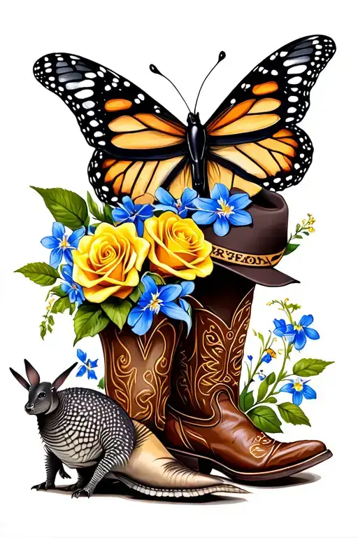 make me a tattoo sleeve with yellow roses, blue bonnets, a cowboy hat, cowboy boots, an armadillo, and a monarch butterf tattoo design idea