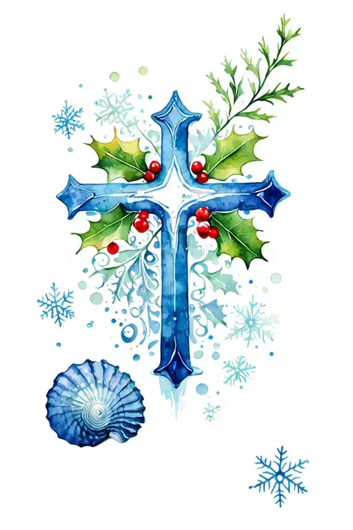 sea shells, holly, snow flakes and a cross tattoo design idea