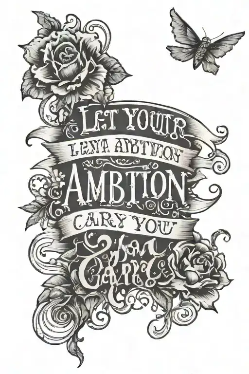 a quote saying "let your ambition carry you" tattoo design idea