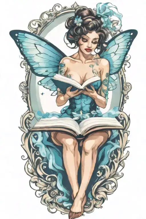 pinup fairy holding open book tattoo design idea