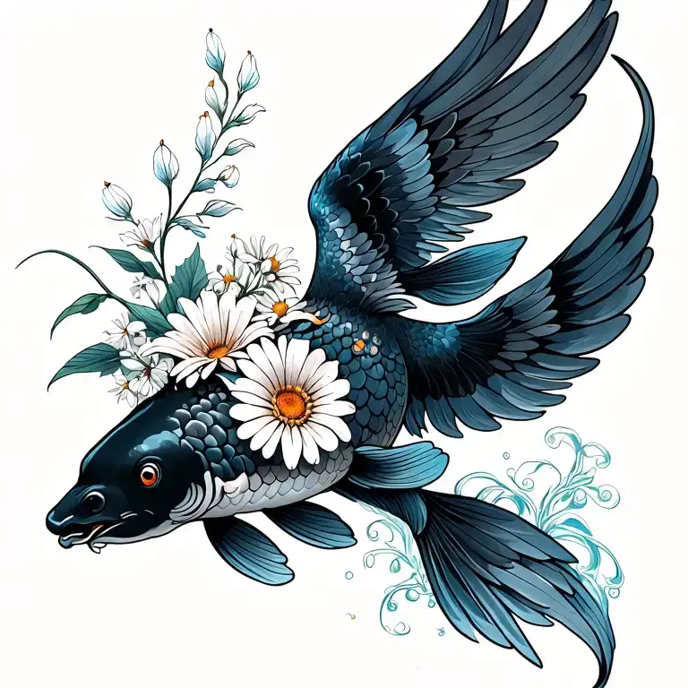 jumping black koi with phoenix wings, upright, bouquet with an aster, a daisy, a lily of the valley, wave tattoo design idea