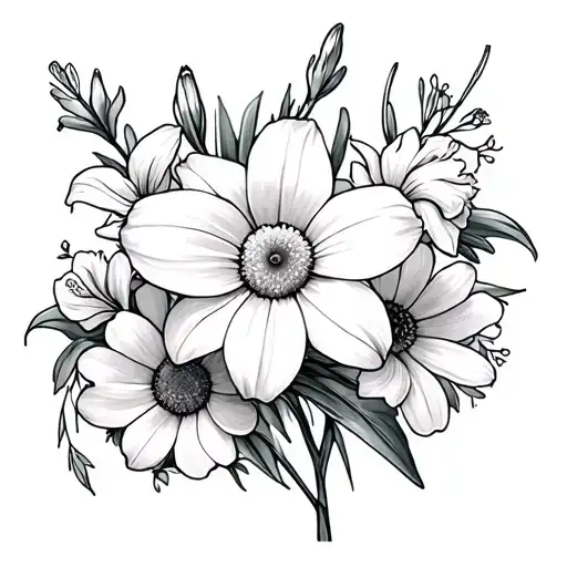 primrose, larkspur, gladiolus, narcissus, daisy, daffodil tattoo design idea