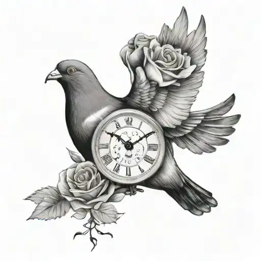 pigeon flying, rose, half sleeve, men, clock tattoo design idea