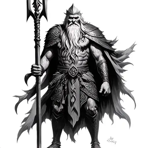 Odin and his spear are black white and see half -eyed, gungnir standing up vertically, tattoo design idea