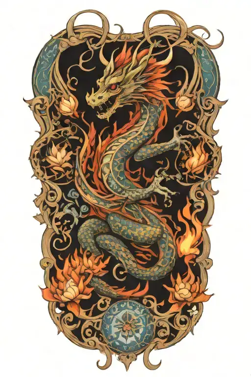 Dragon in fractal flames rising from knee, climbing toward blooming flowers on thigh, flames turning into petals tattoo design idea