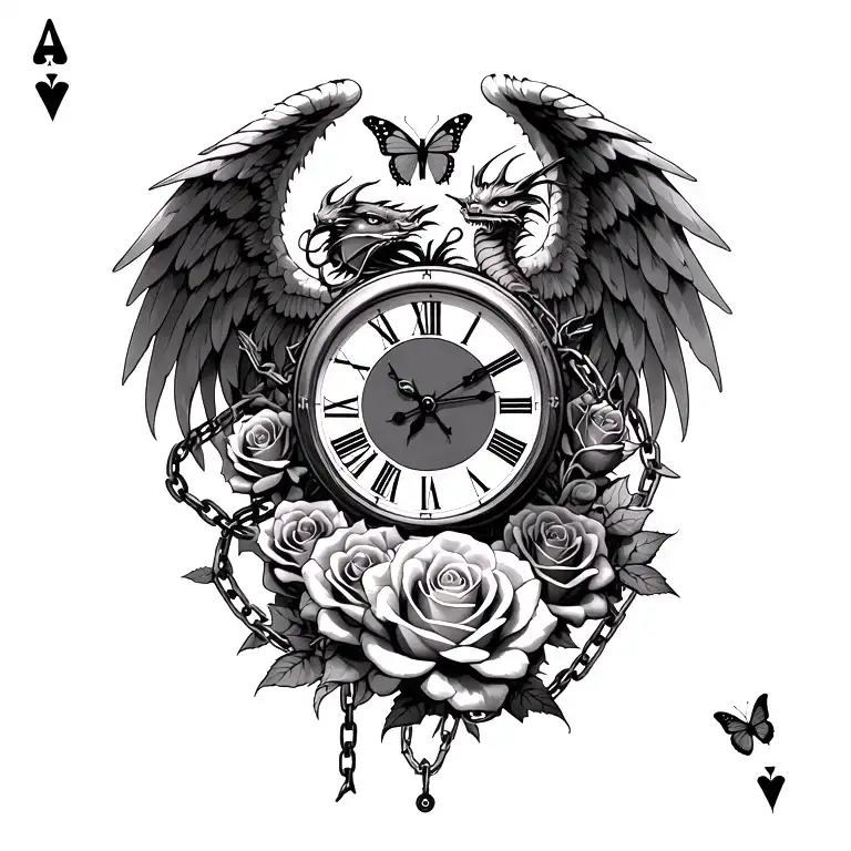 roses intertwined, clock face surrounded, angel wings, dragon, butterfly, chains, ace card tattoo design idea