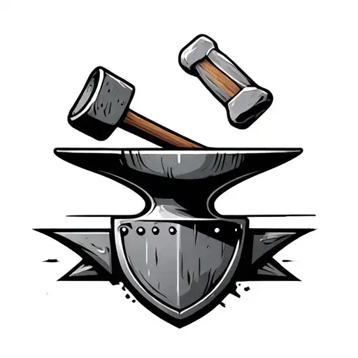 a blacksmith hits an anvil with a hammer. There is a shield at the bottom of the anvil. all elements go from bottom to top tattoo design idea