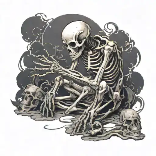 side profile of a skeleton on its knees praying to god with magic flowing from its hands tattoo design idea