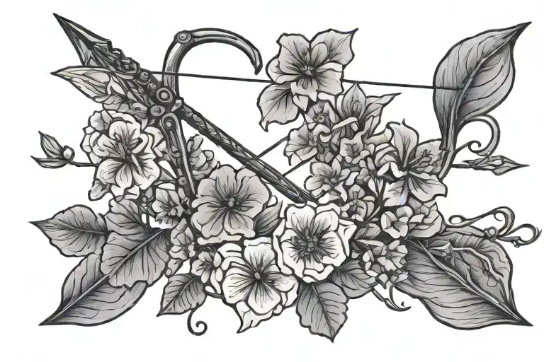 bow and arrow with geranium flowers and the year 2022 tattoo design idea