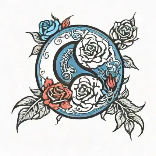 yin yang with thorns wrapped with blue and red roses tattoo design idea