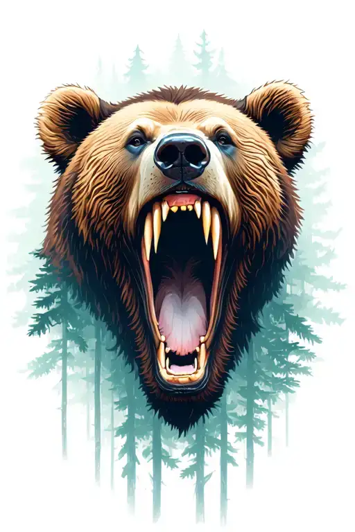 background forest, bear face roar inside woman face bears mouth tattoo design idea
