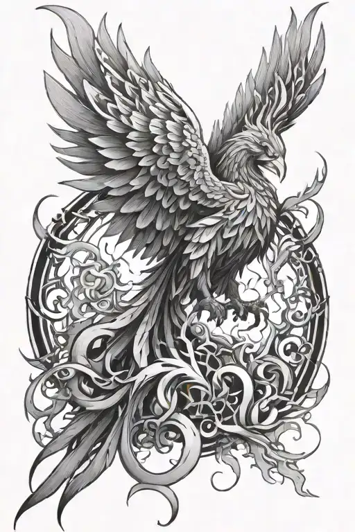 Tattoo composition Phoenix, Fire, S, 21, Tech, Cyber, Metal, Sharp edges, futuristic, scotland tattoo design idea
