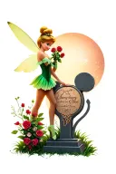 tinker bell silhouette holding roses beside a grave stone shaped like Mickey Mouse tattoo design idea