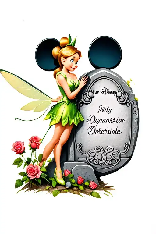 tinker bell silhouette holding roses beside a grave stone shaped like Mickey Mouse tattoo design idea