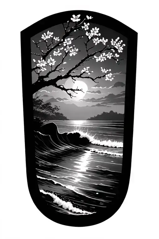 A serene tattoo design of a tranquil beach scene with gentle waves rolling in, accented by delicate cherry blossom branches swaying in the breeze tattoo design idea