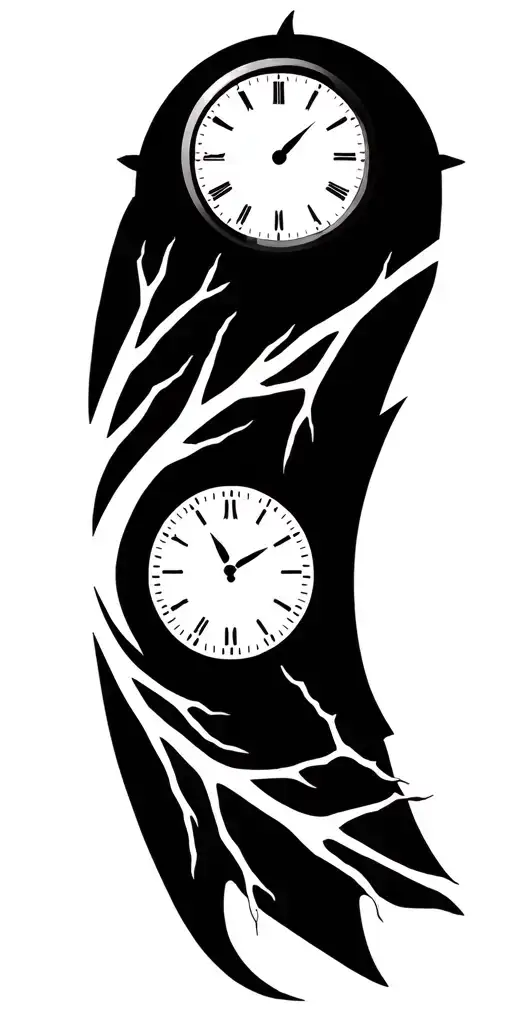 clock and tree branch tattoo design idea