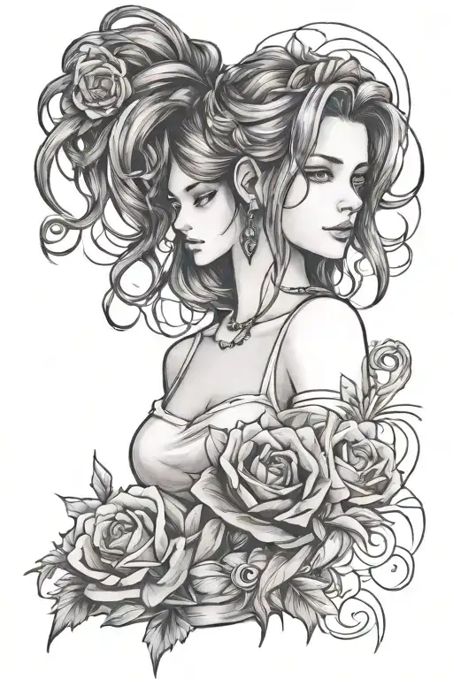 goth aerith Gainsborough holding a flower tattoo design idea