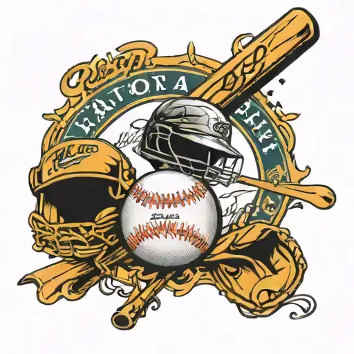 An intricate collage of baseball equipment like bats, gloves, and balls intertwined with Latoya's name in a script font tattoo design idea