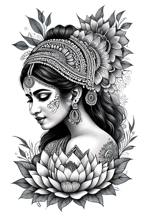indian woman looking with mandala, elephant, lotus and fijian tattoos tattoo design idea