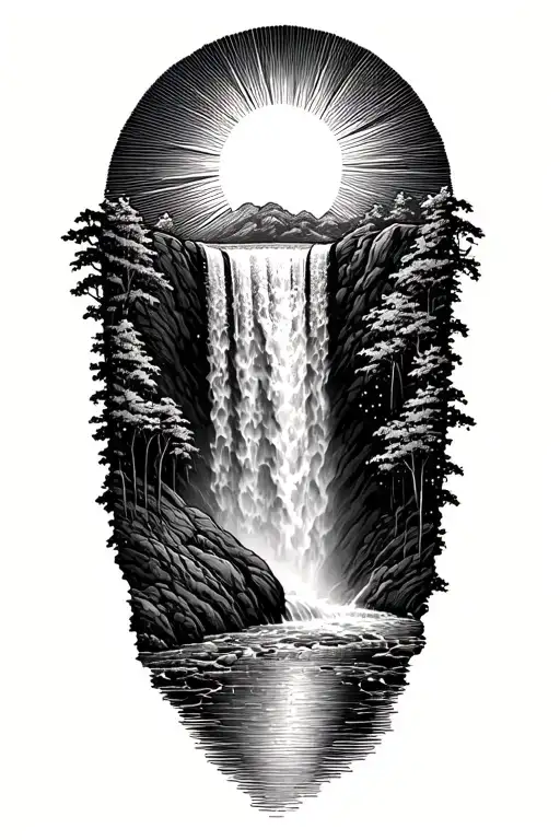 a sun flowing into a river that turns into a waterfall with small rain drops at the end of the waterfall tattoo design idea