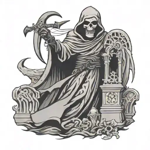 grim reaper in graveyard tattoo design idea