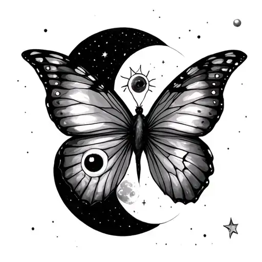 Surrealist Butterfly Celestial with Eyeball and sun and moon tattoo design idea